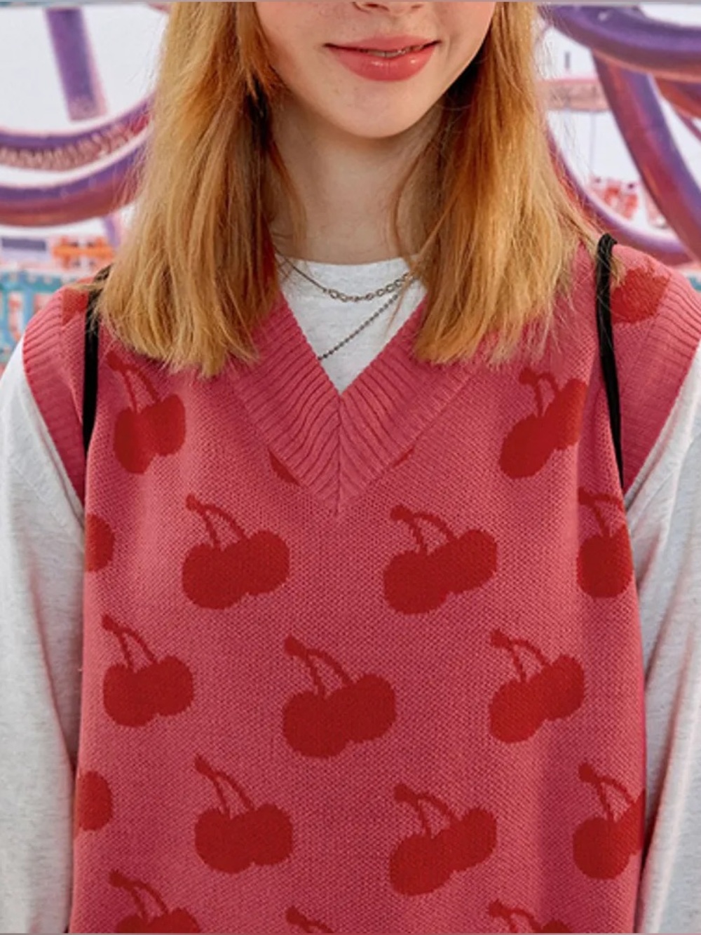 KIRSCH Pink Cherry Knit V-Neck Sweater Vest